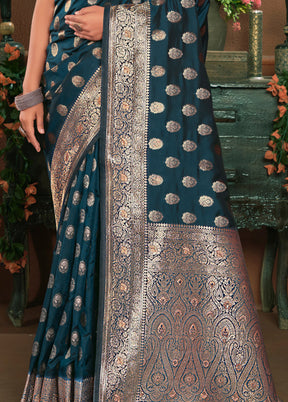 Navy Blue Dupion Silk Saree With Blouse Piece