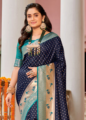 Dark Blue Spun Silk Saree With Blouse Piece