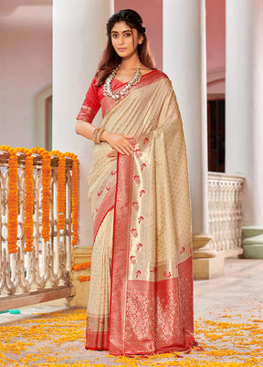 Cream Spun Silk Saree With Blouse Piece