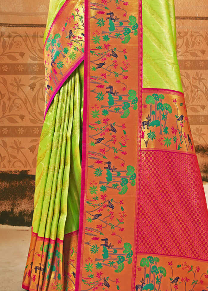 Parrot Green Dupion Silk Saree With Blouse Piece