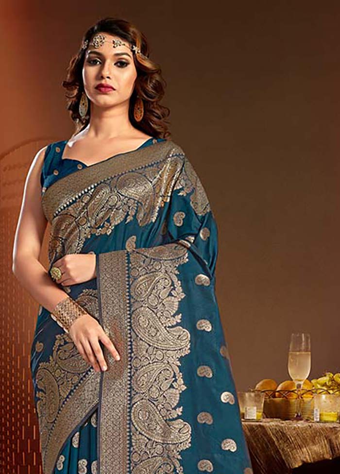 Navy Blue Spun Silk Saree With Blouse Piece