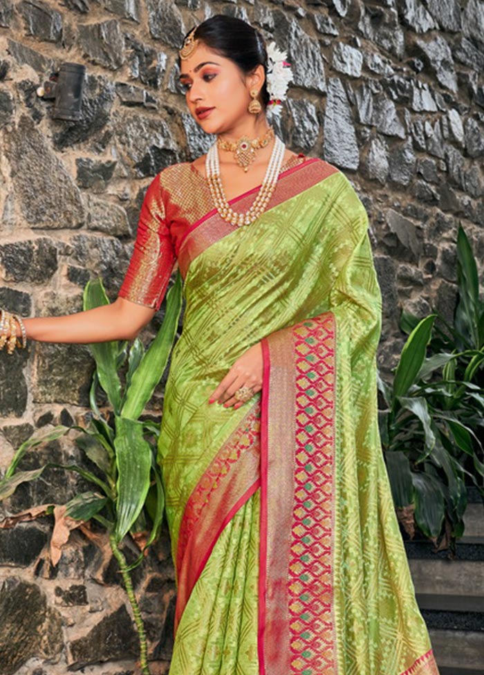 Parrot Green Organza Saree With Blouse Piece