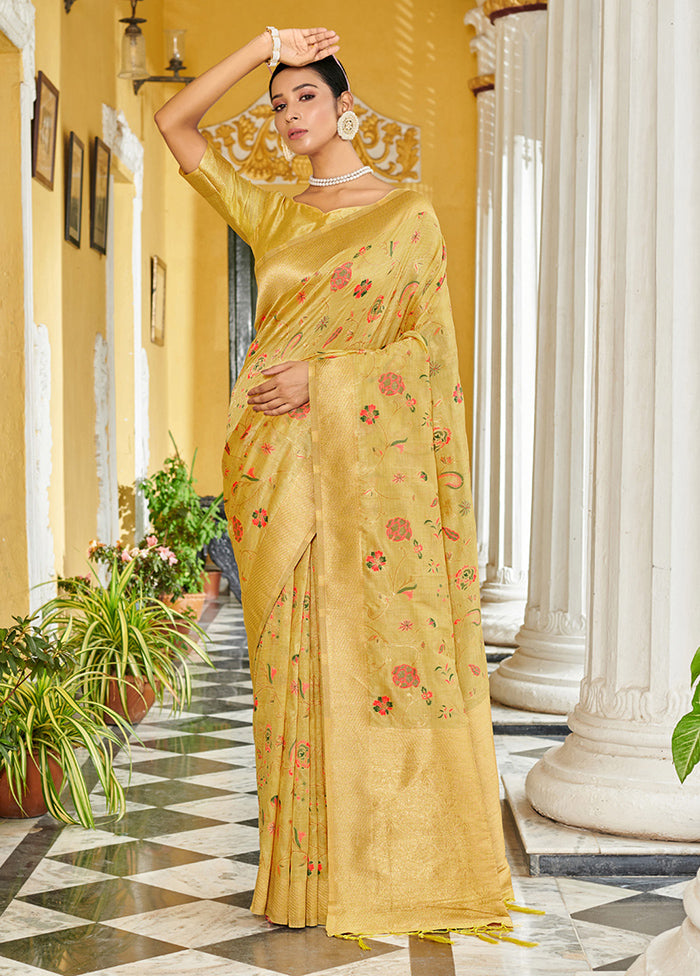 Yellow Spun Silk Saree With Blouse Piece