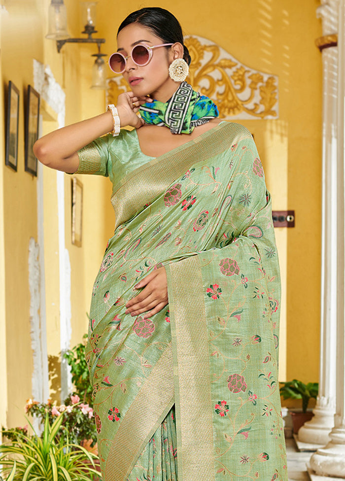 Light Green Spun Silk Saree With Blouse Piece