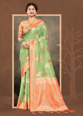 Green Cotton Saree With Blouse Piece