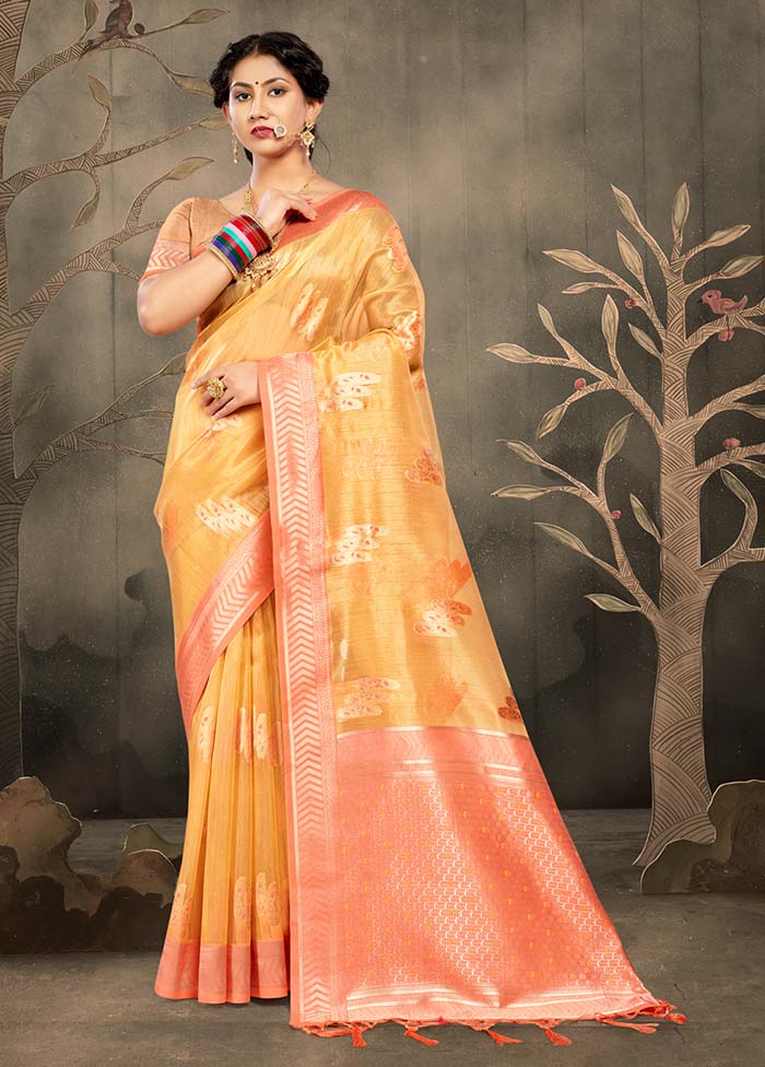 Yellow Cotton Saree With Blouse Piece