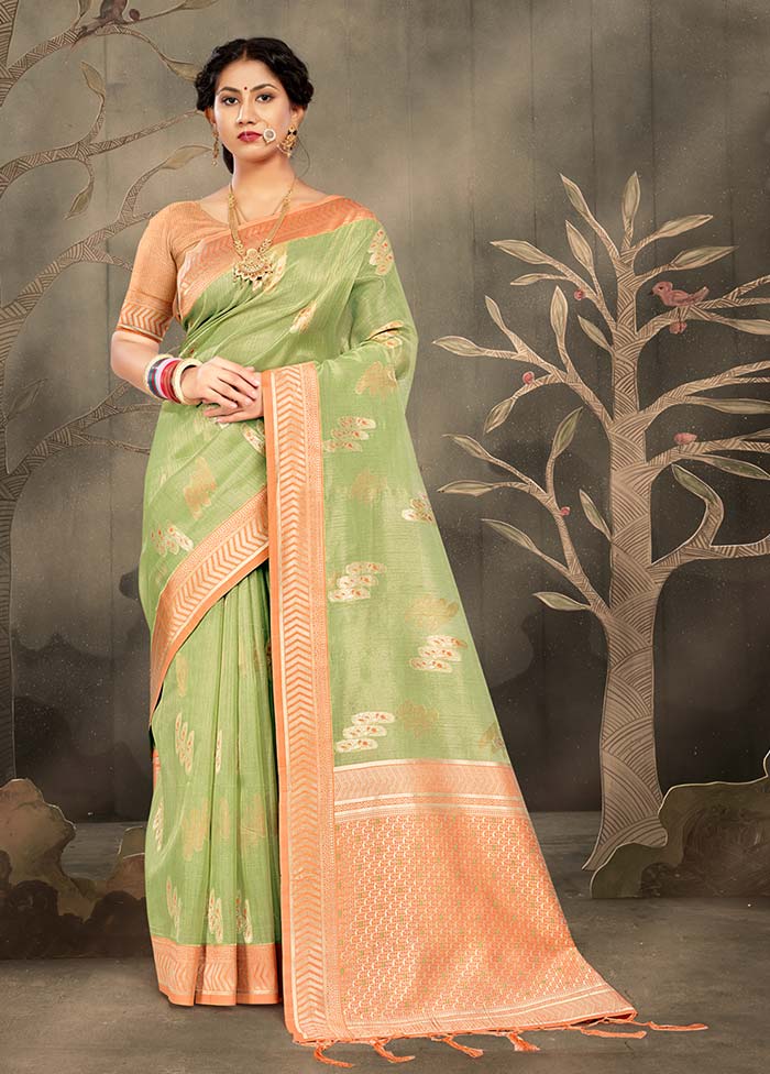 Light Green Cotton Saree With Blouse Piece