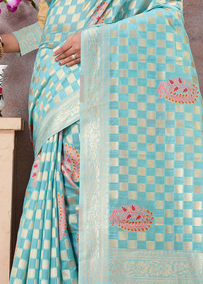 Sky Blue Kota Cotton Saree With Blouse Piece