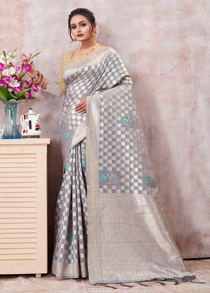 Grey Kota Cotton Saree With Blouse Piece