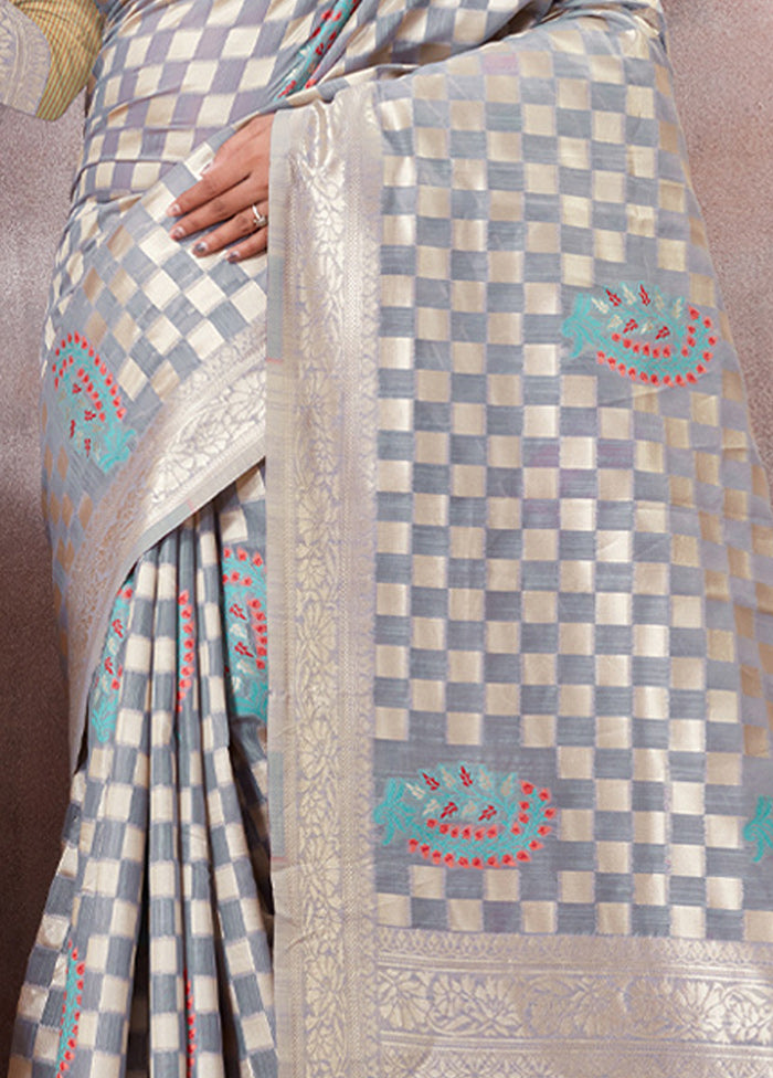 Grey Kota Cotton Saree With Blouse Piece