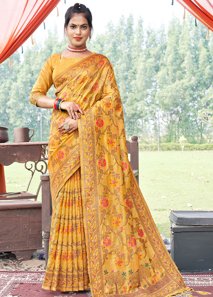 Mustard Spun Silk Saree With Blouse Piece