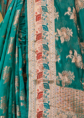 Teal Blue Organza Saree With Blouse Piece