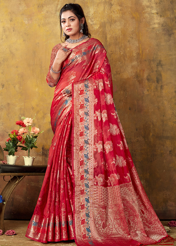 Red Organza Saree With Blouse Piece