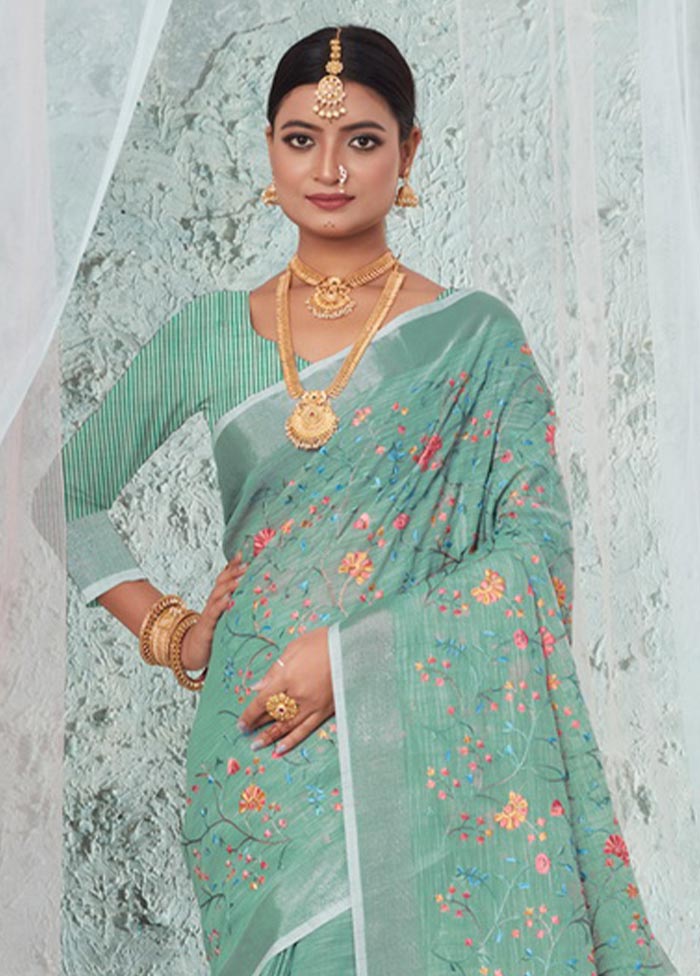 Sea Green Linen Silk Saree With Blouse Piece