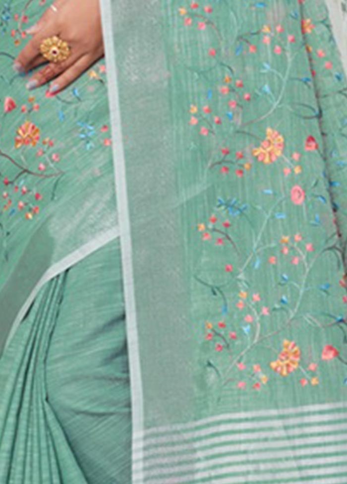 Sea Green Linen Silk Saree With Blouse Piece