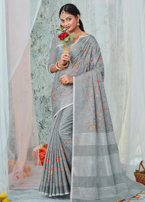 Grey Linen Silk Saree With Blouse Piece