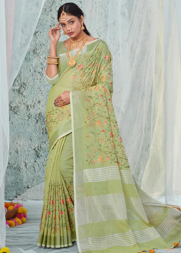 Green Linen Silk Saree With Blouse Piece