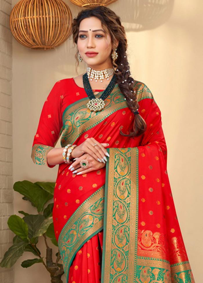 Red Spun Silk Saree With Blouse Piece