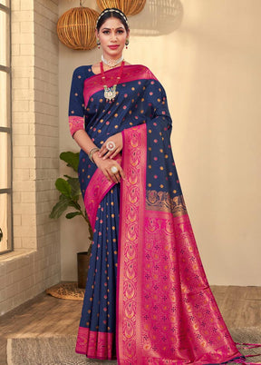 Navy Blue Spun Silk Saree With Blouse Piece