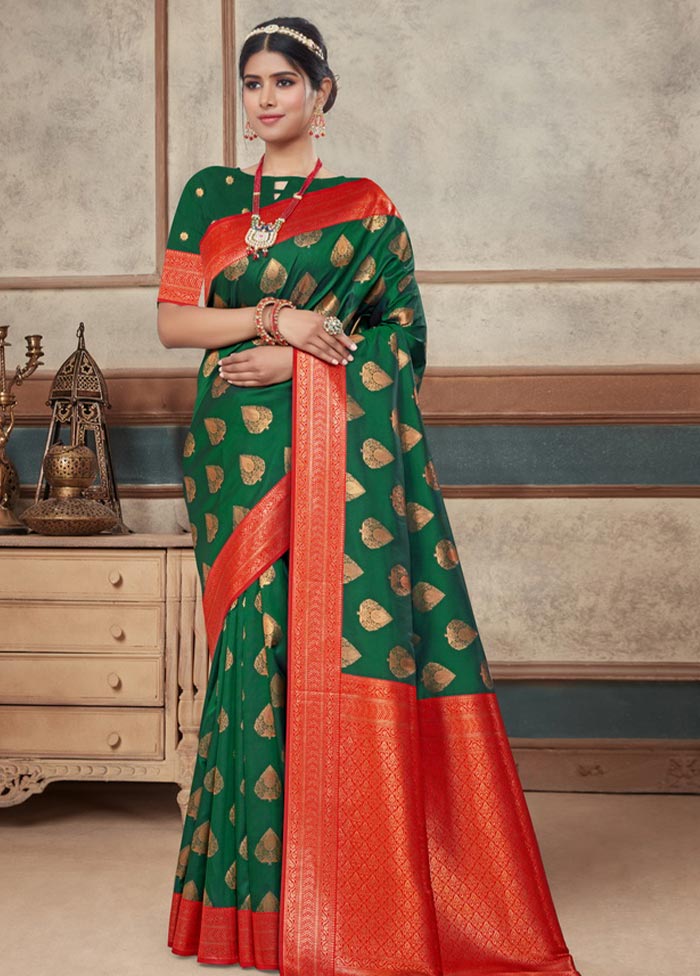 Dark Green Spun Silk Saree With Blouse Piece