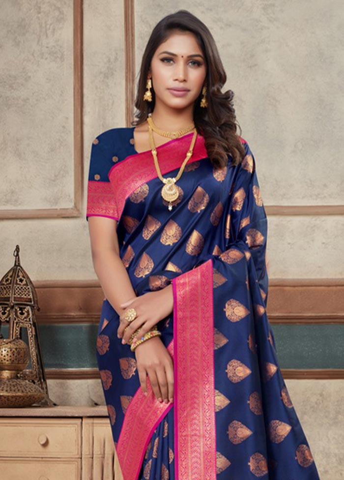 Navy Blue Spun Silk Saree With Blouse Piece