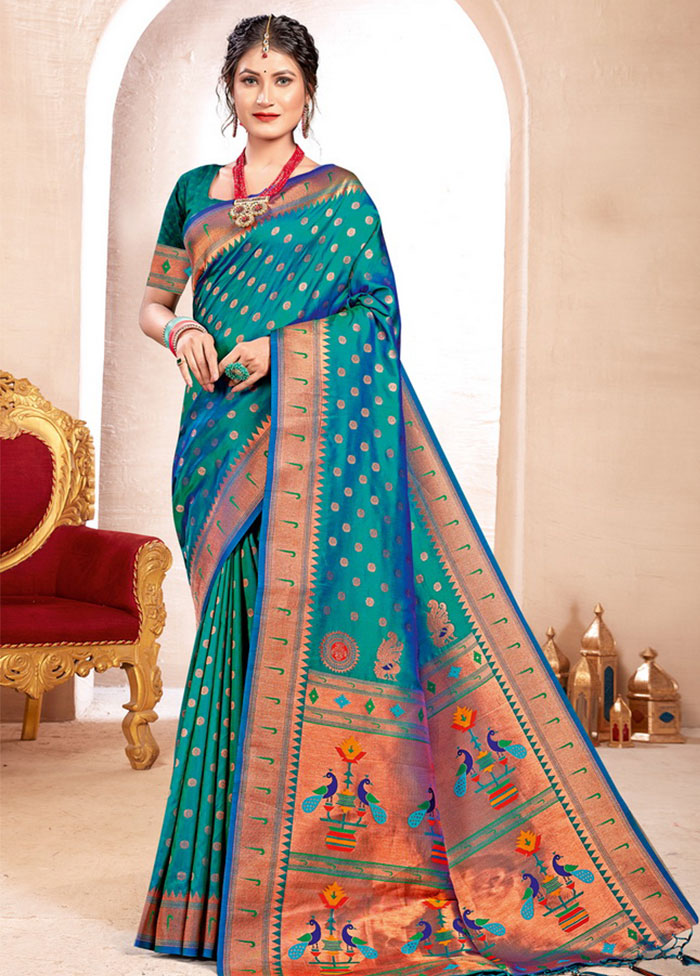 Turquoise Spun Silk Saree With Blouse Piece