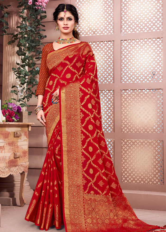 Red Spun Silk Saree With Blouse Piece