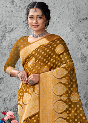 Brownish Green Organza Saree With Blouse Piece