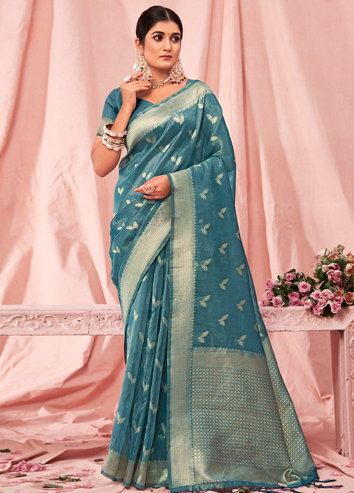 Sky Blue Cotton Saree With Blouse Piece