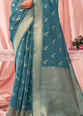 Sky Blue Cotton Saree With Blouse Piece