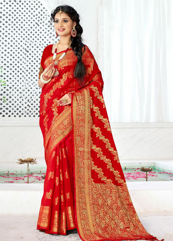 Red Spun Silk Saree With Blouse Piece