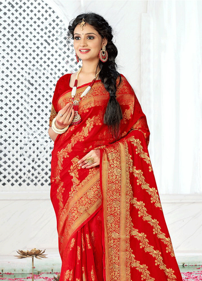 Red Spun Silk Saree With Blouse Piece