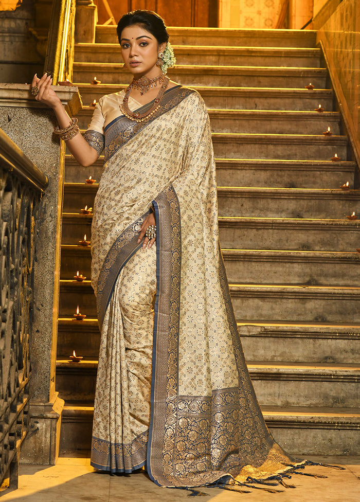 Cream Spun Silk Saree With Blouse Piece