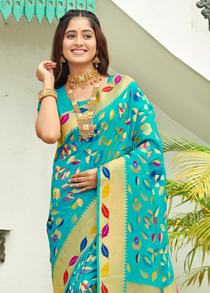 Turquoise Spun Silk Saree With Blouse Piece