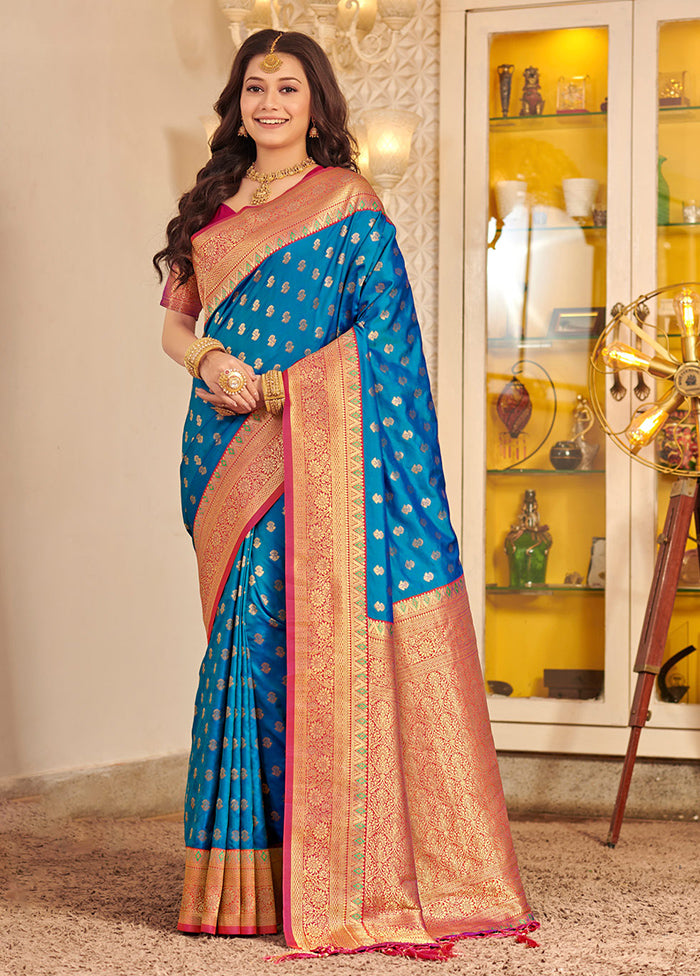 Sky Blue Spun Silk Saree With Blouse Piece