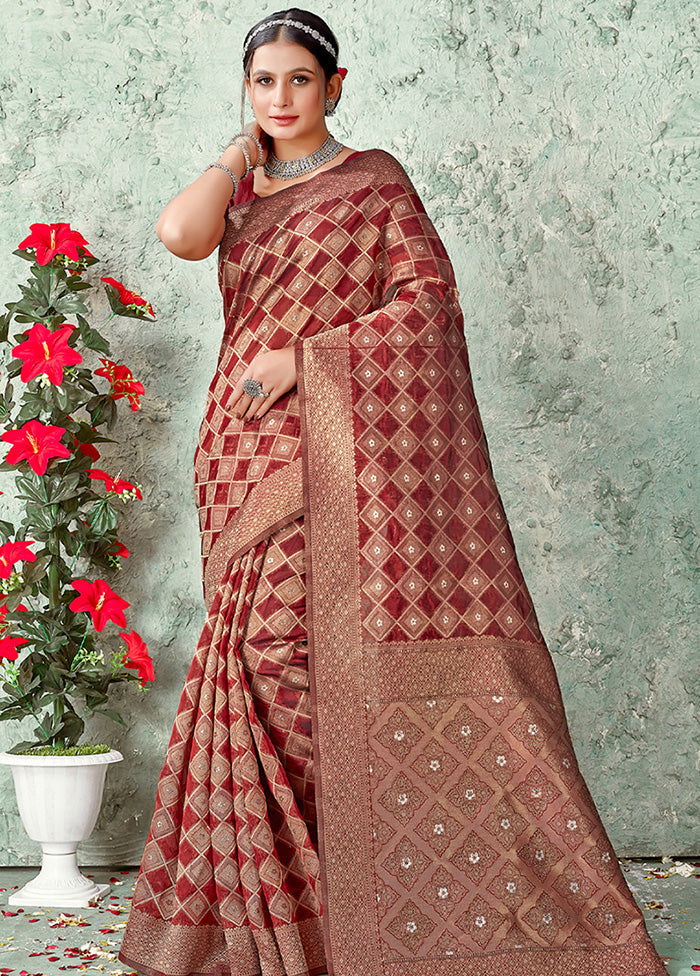 Maroon Organza Saree With Blouse Piece