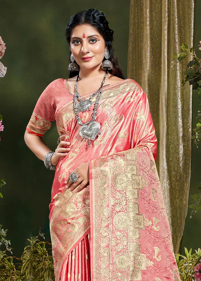 Peach Spun Silk Saree With Blouse Piece