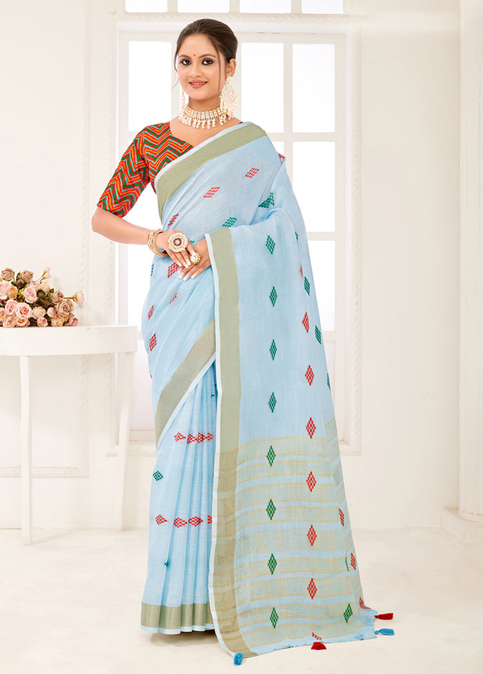 Sky blue Spun Silk Saree With Blouse Piece