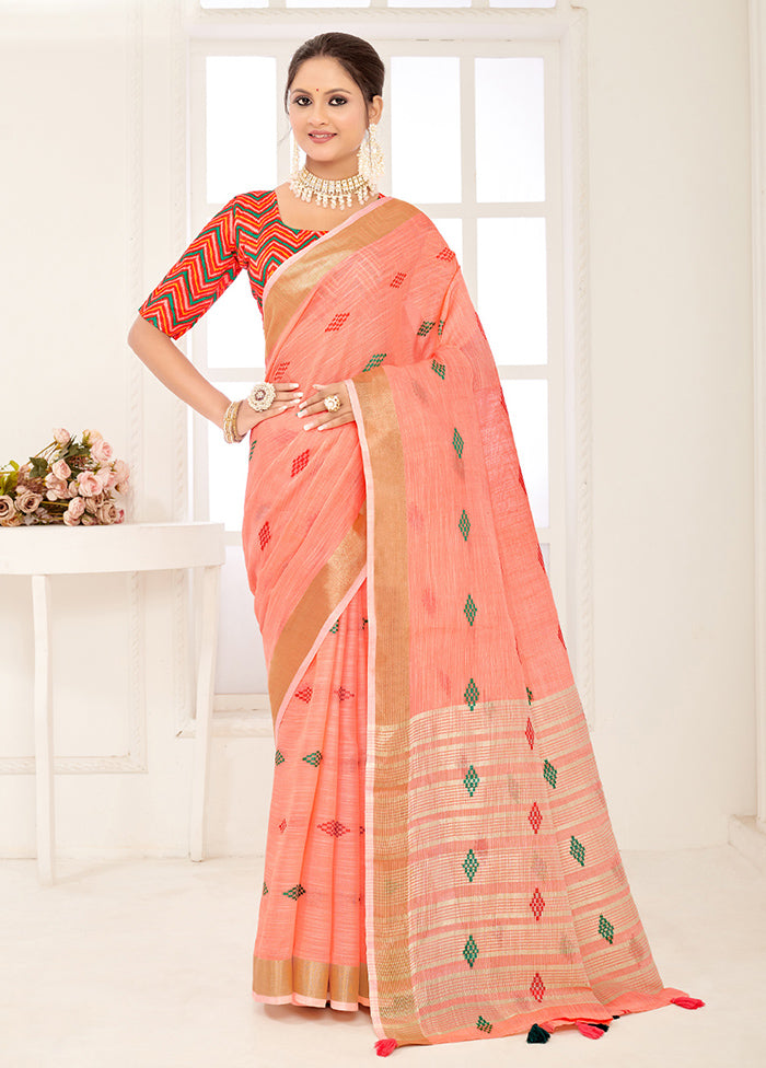 Peach Spun Silk Saree With Blouse Piece