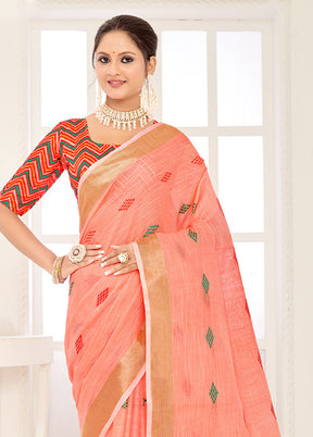 Peach Spun Silk Saree With Blouse Piece