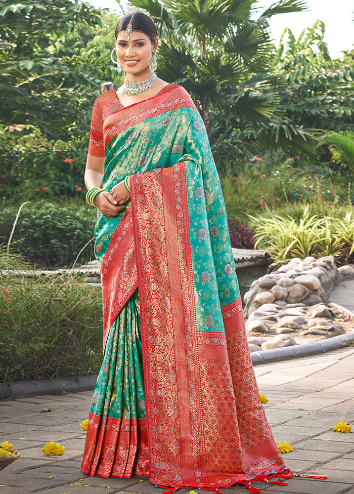 Sea Green Dupion Silk Saree With Blouse Piece