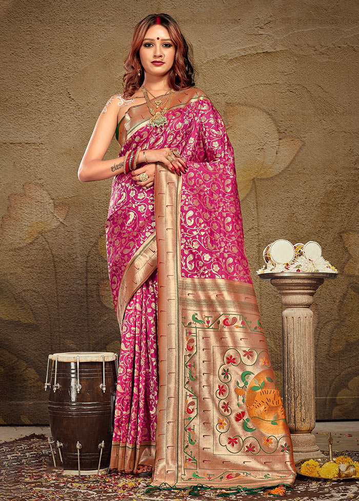 Magenta Spun Silk Saree With Blouse Piece