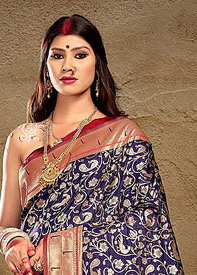 Navy Blue Spun Silk Saree With Blouse Piece