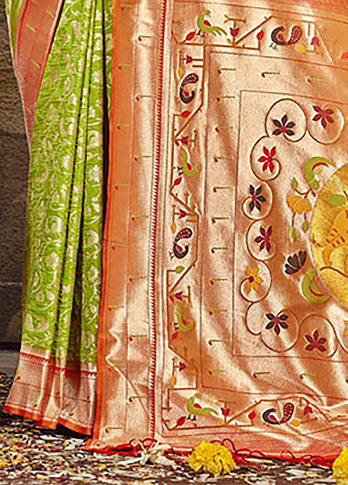 Parrot Green Spun Silk Saree With Blouse Piece