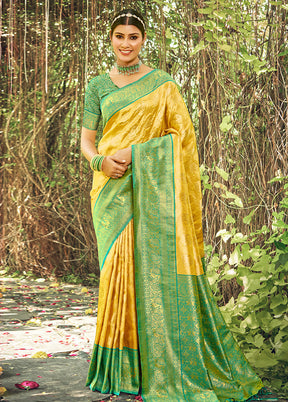 Yellow Dupion Silk Saree With Blouse Piece