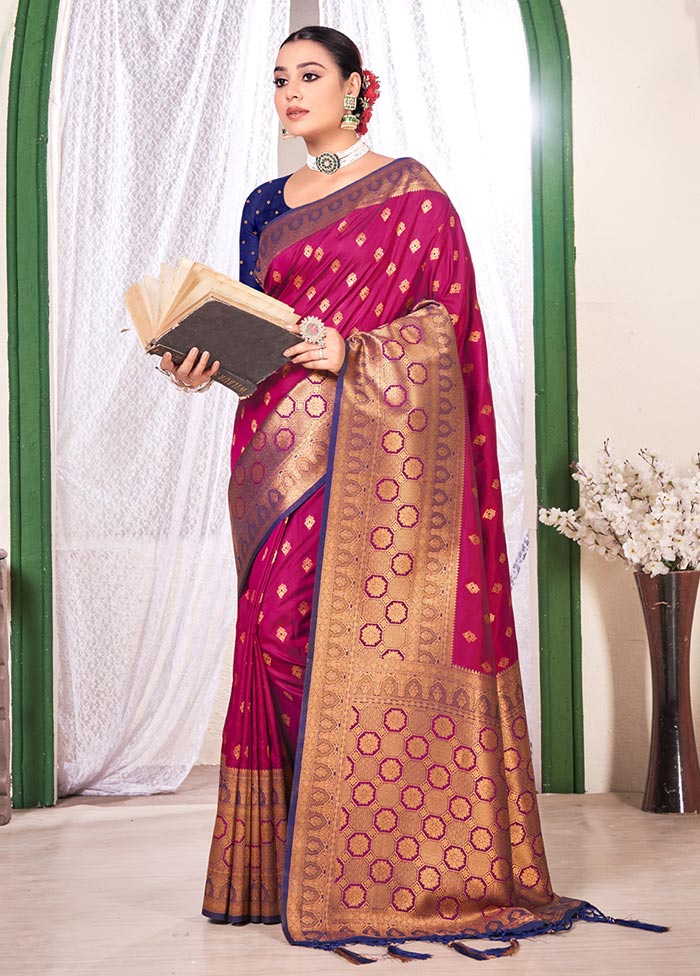 Magenta Spun Silk Saree With Blouse Piece