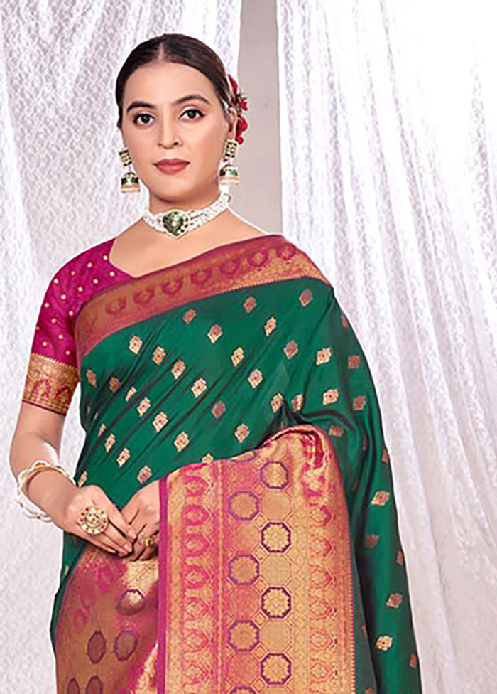 Dark Green Spun Silk Saree With Blouse Piece