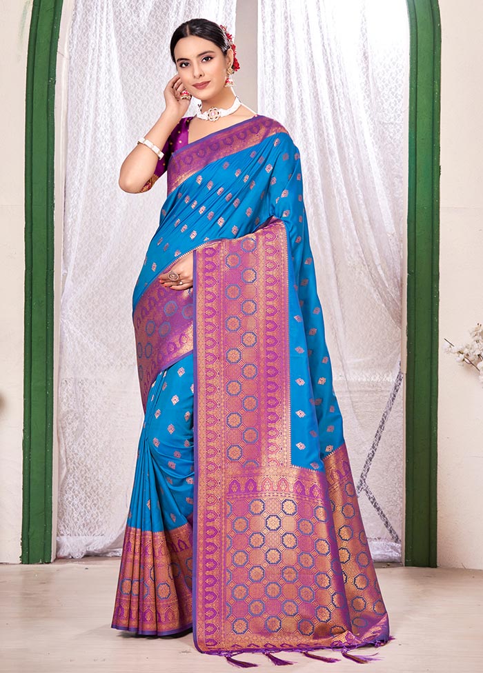 Sky Blue Spun Silk Saree With Blouse Piece