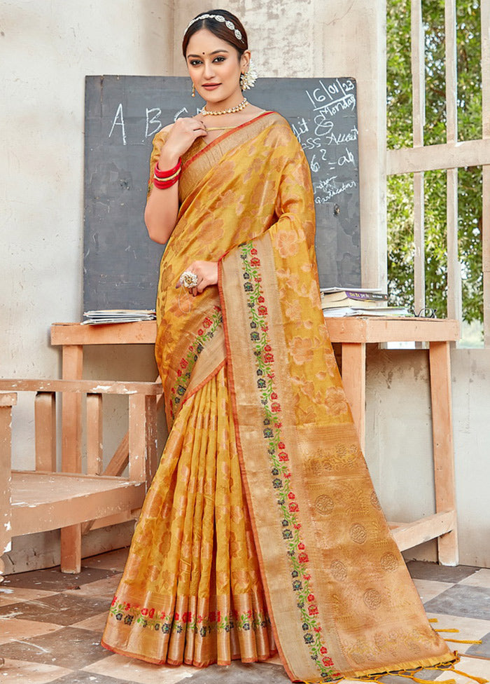 Mustard Organza Saree With Blouse Piece