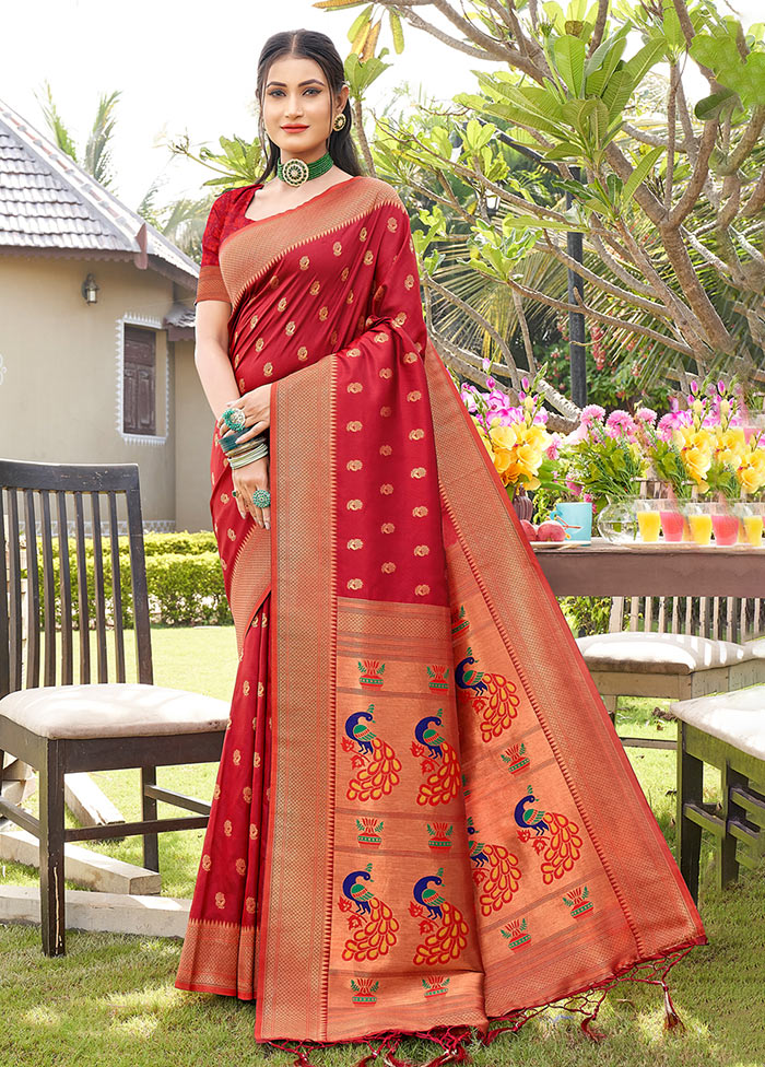 Red Spun Silk Saree With Blouse Piece